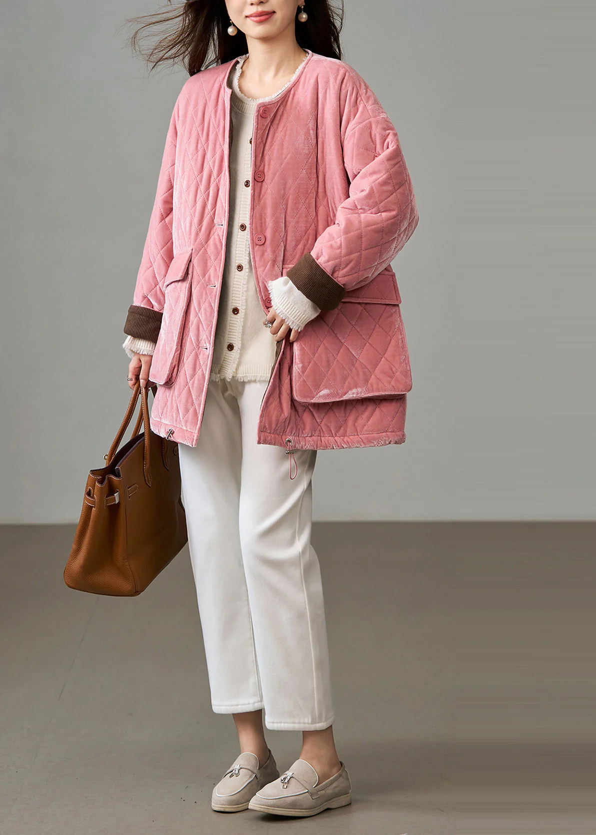 Bohemian Pink Plaid Fine Cotton Filled Silk Velvet Jackets Winter - Image 4