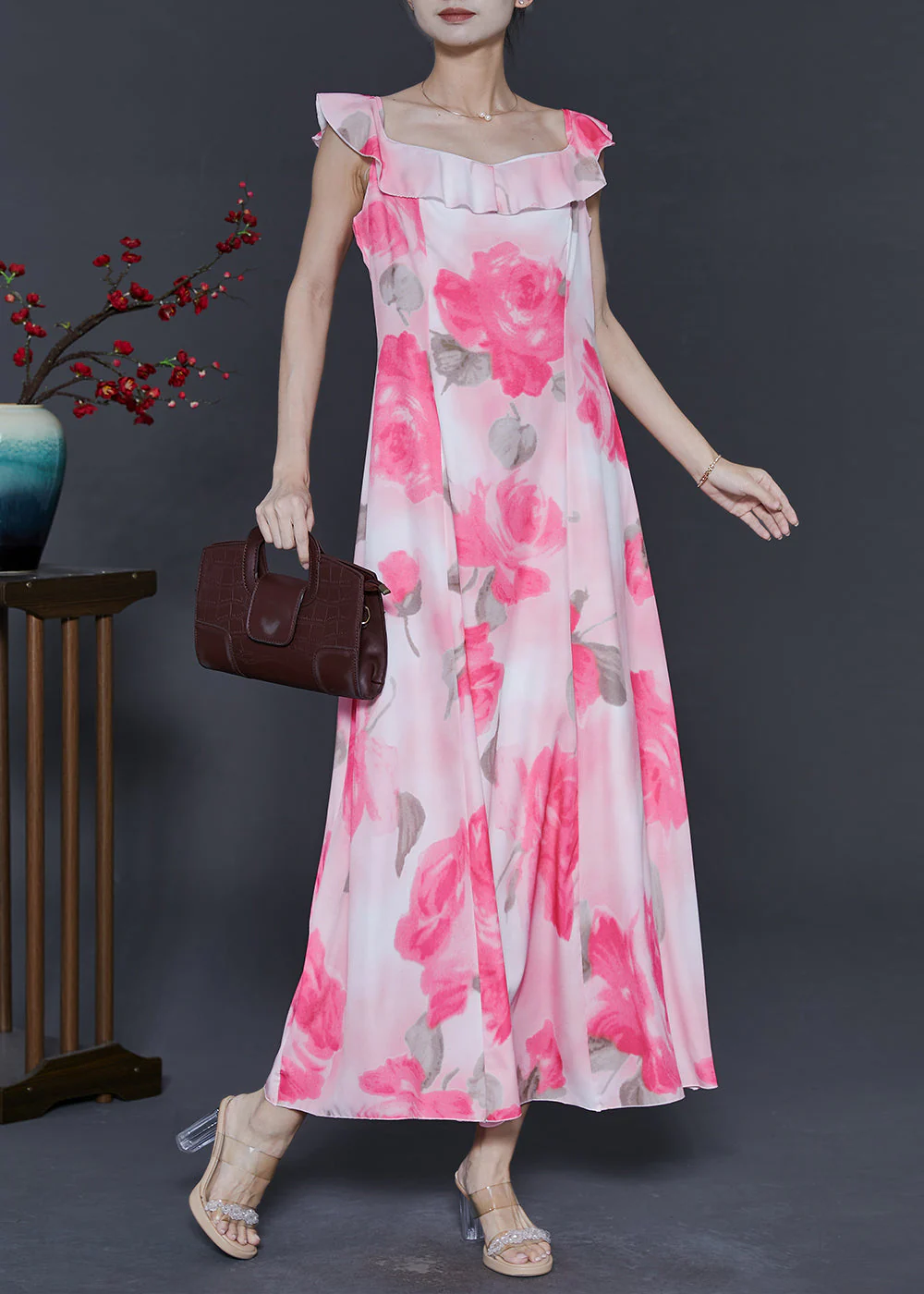 Bohemian Pink Print Chiffon Long Dress Summer - Image 2
