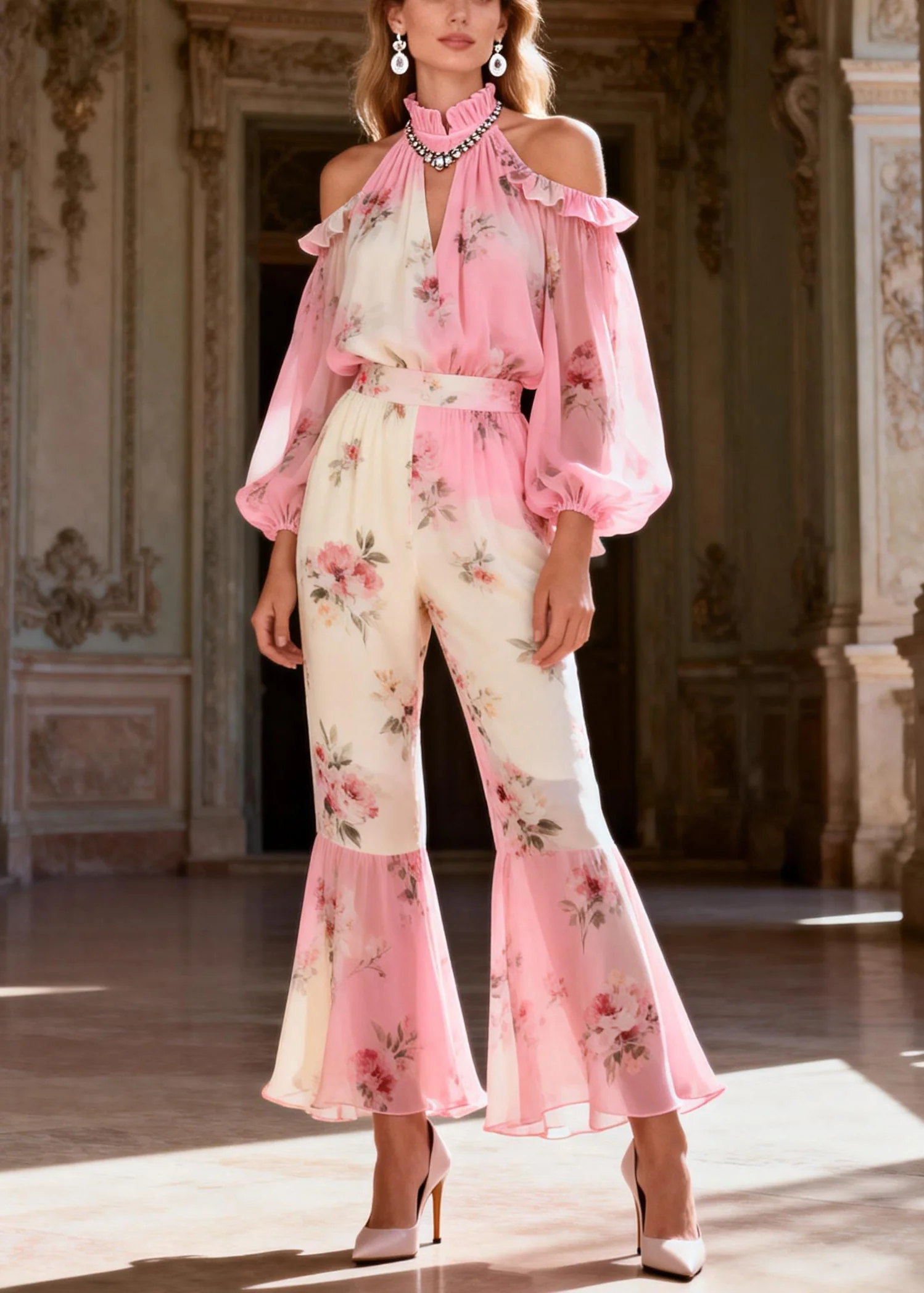 Bohemian Pink Print Cold Shoulder Chiffon Shirts And Flared Trousers Two-Piece Set Spring - Image 3