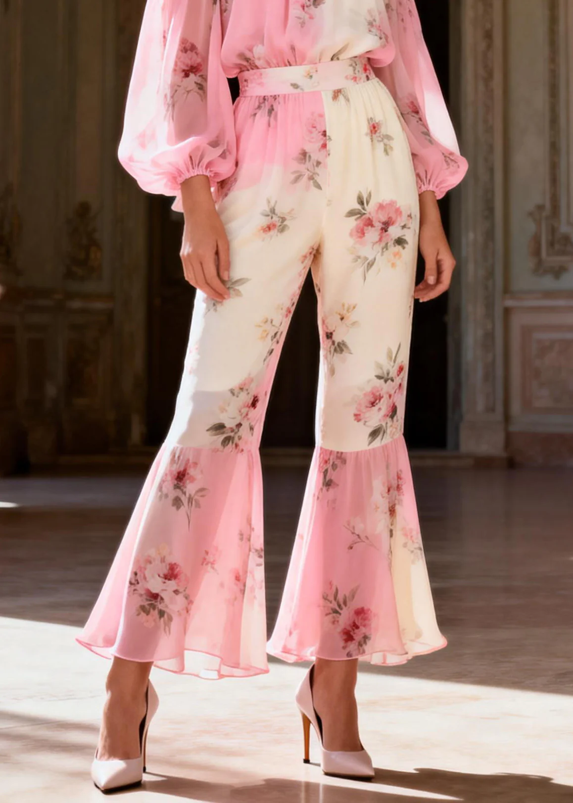 Bohemian Pink Print Cold Shoulder Chiffon Shirts And Flared Trousers Two-Piece Set Spring - Image 4