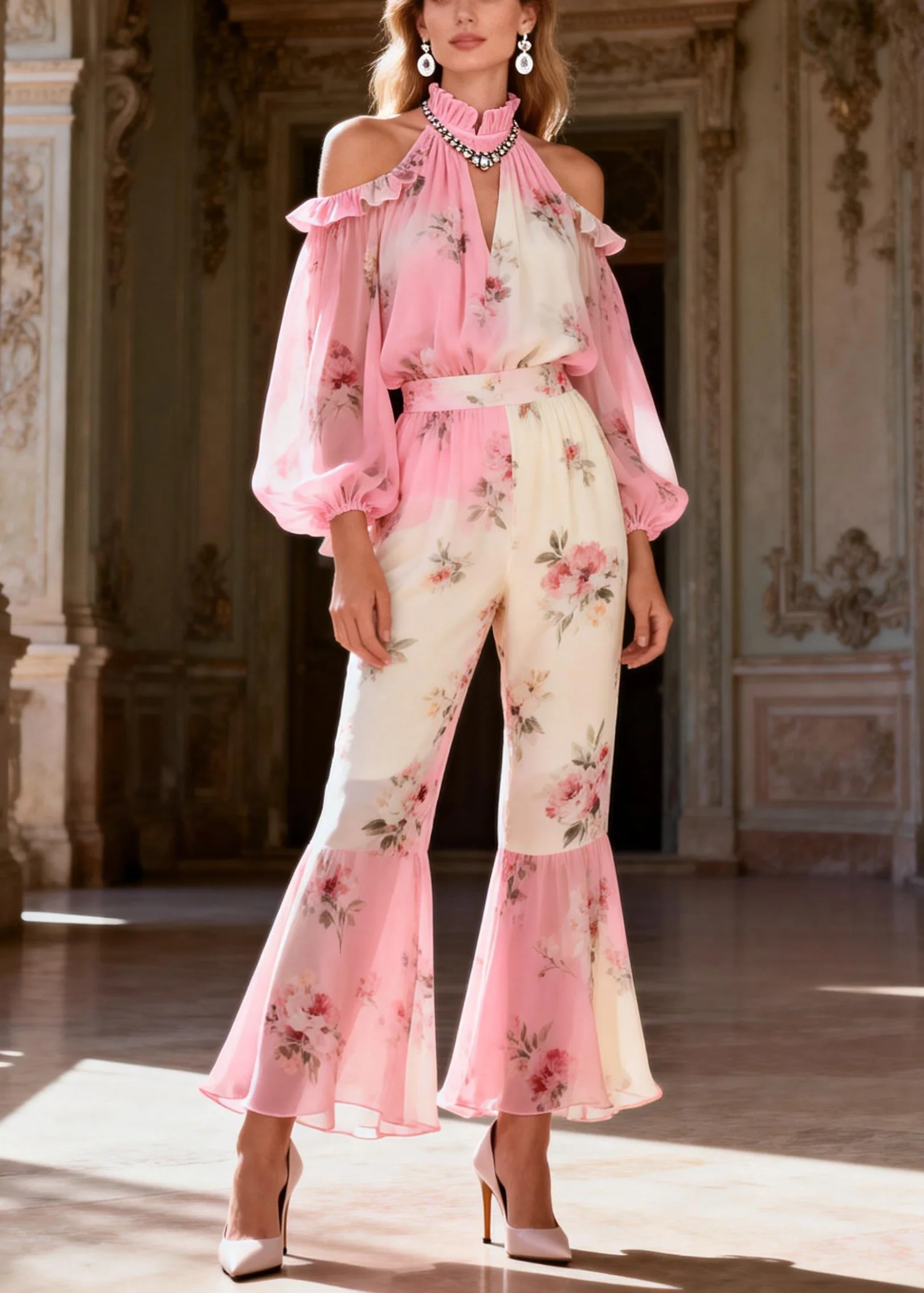 Bohemian Pink Print Cold Shoulder Chiffon Shirts And Flared Trousers Two-Piece Set Spring - Image 5