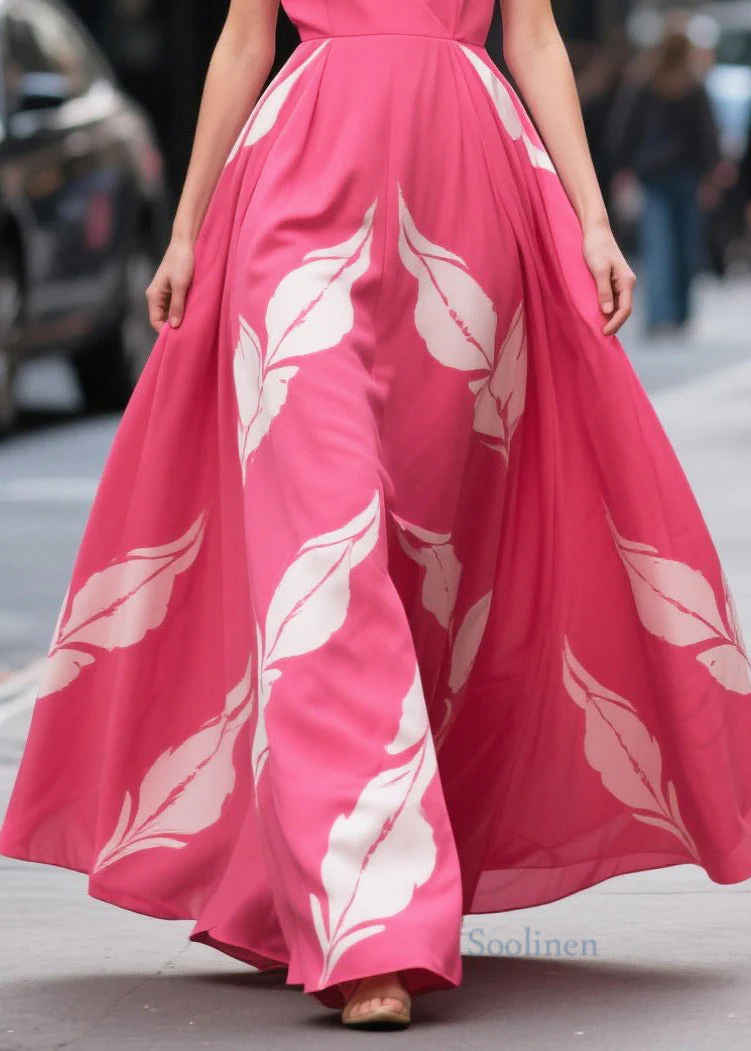 Bohemian Pink Print Exra Large Hem Chiffon Holiday Dresses Summer - Image 4