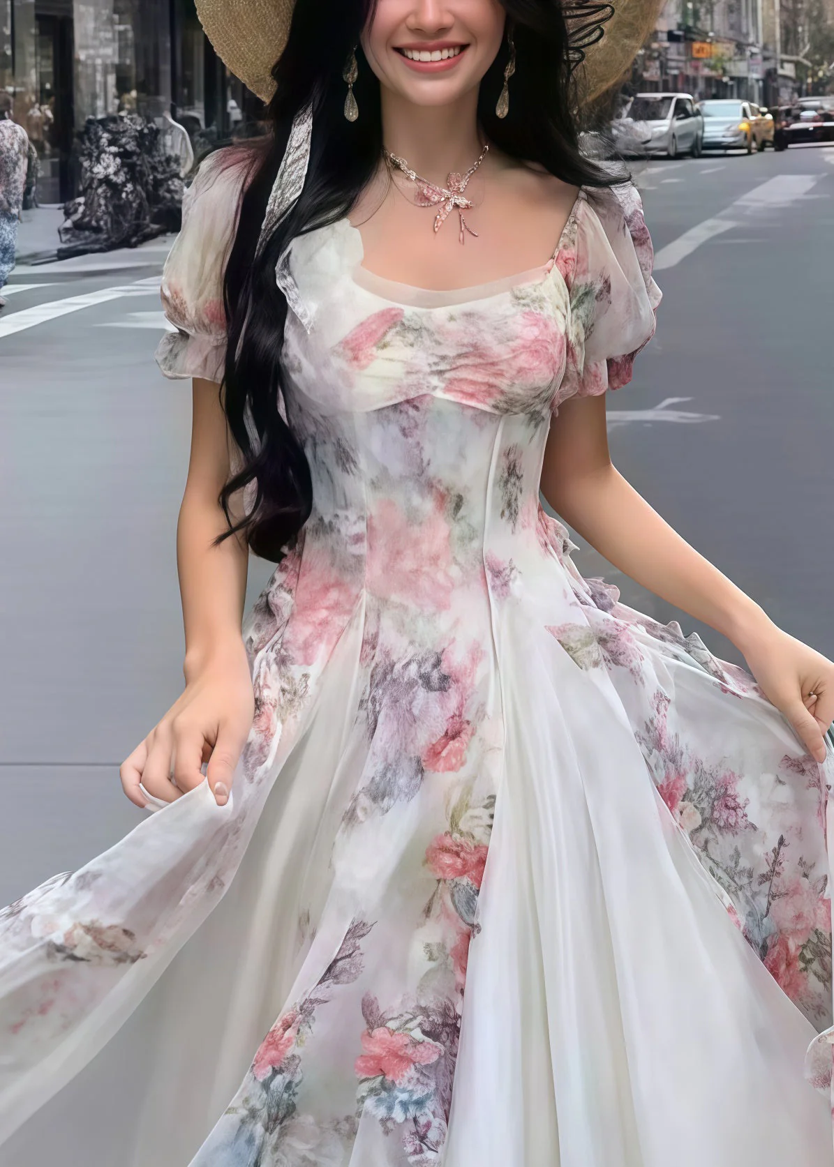 Bohemian Pink Print Exra Large Hem Tulle Vacation Dresses Summer - Image 2