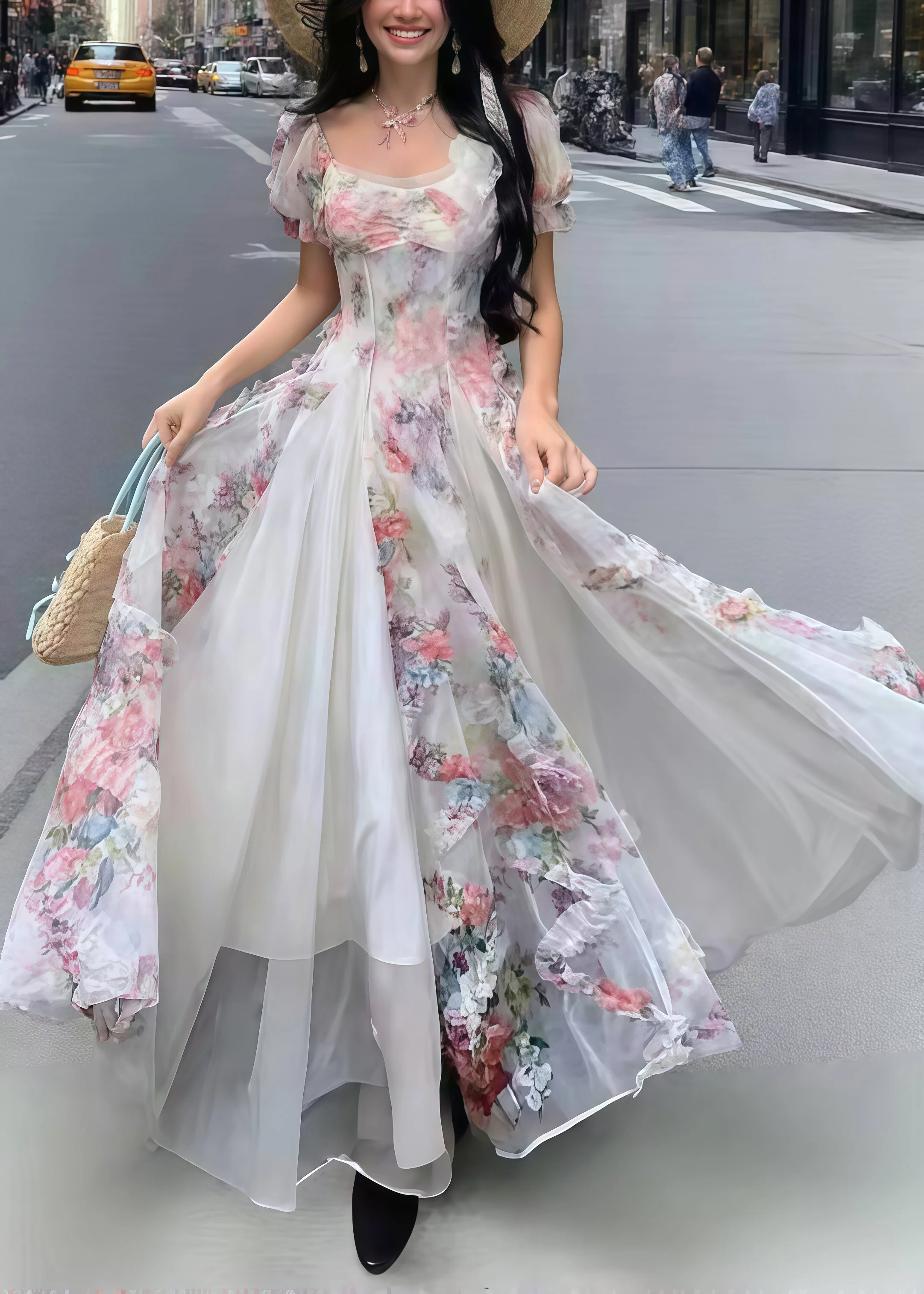Bohemian Pink Print Exra Large Hem Tulle Vacation Dresses Summer - Image 3
