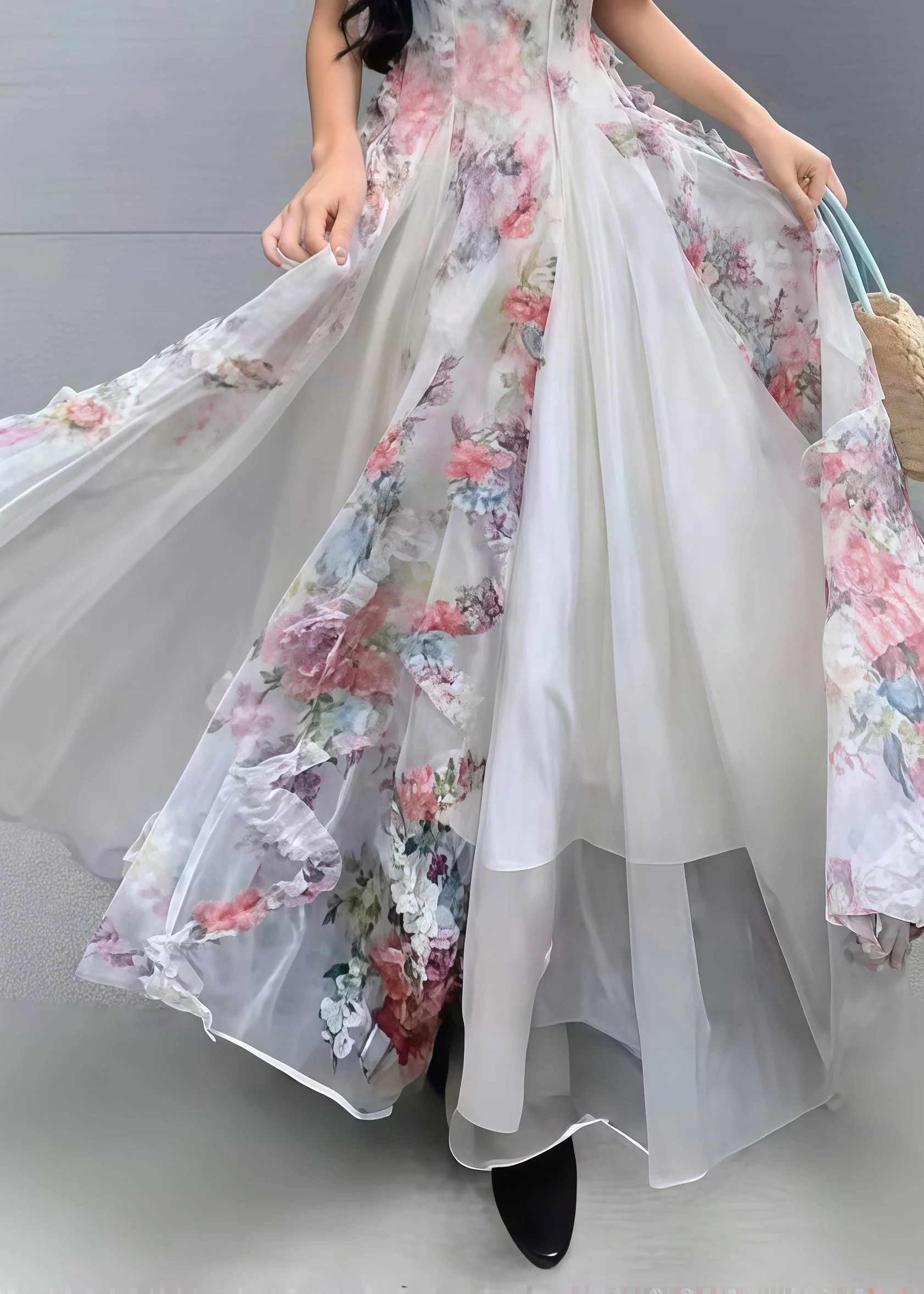 Bohemian Pink Print Exra Large Hem Tulle Vacation Dresses Summer - Image 4