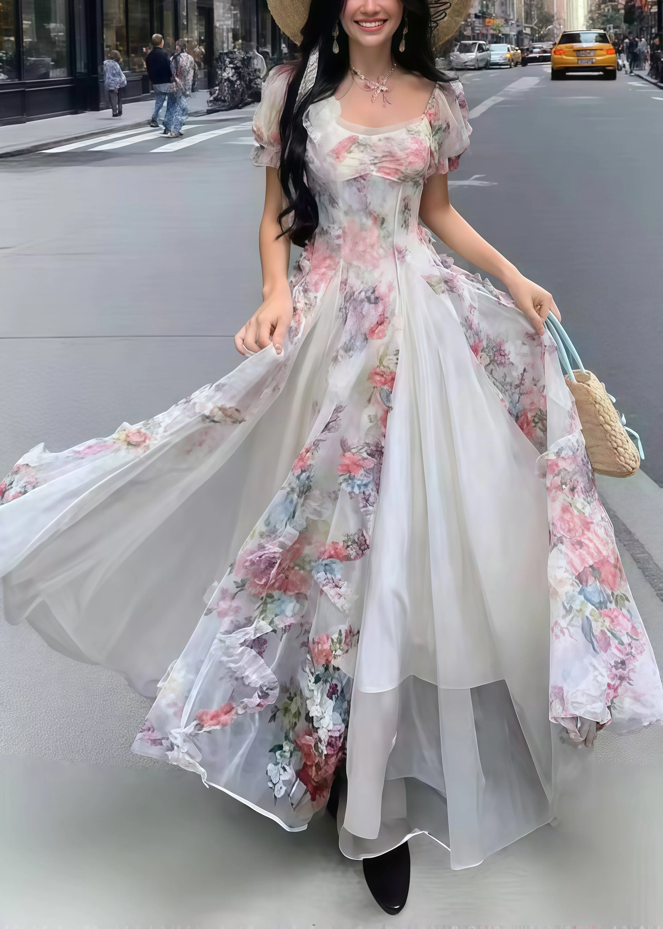 Bohemian Pink Print Exra Large Hem Tulle Vacation Dresses Summer - Image 5