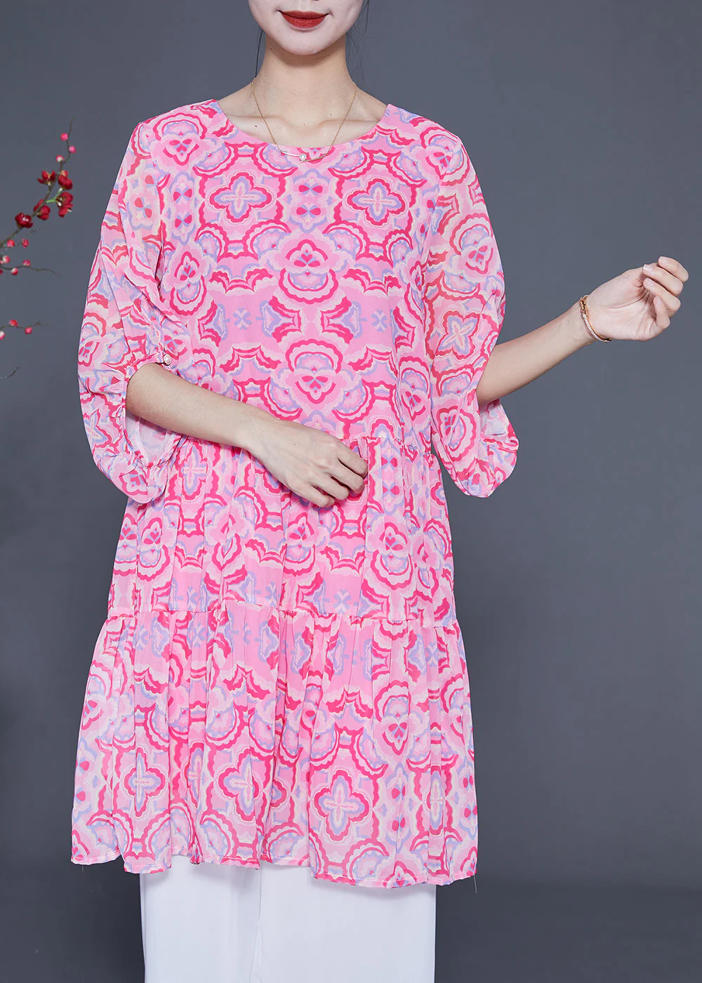 Bohemian Pink Print Patchwork Wrinkled Silk A Line Dress Lantern Sleeve - Image 2