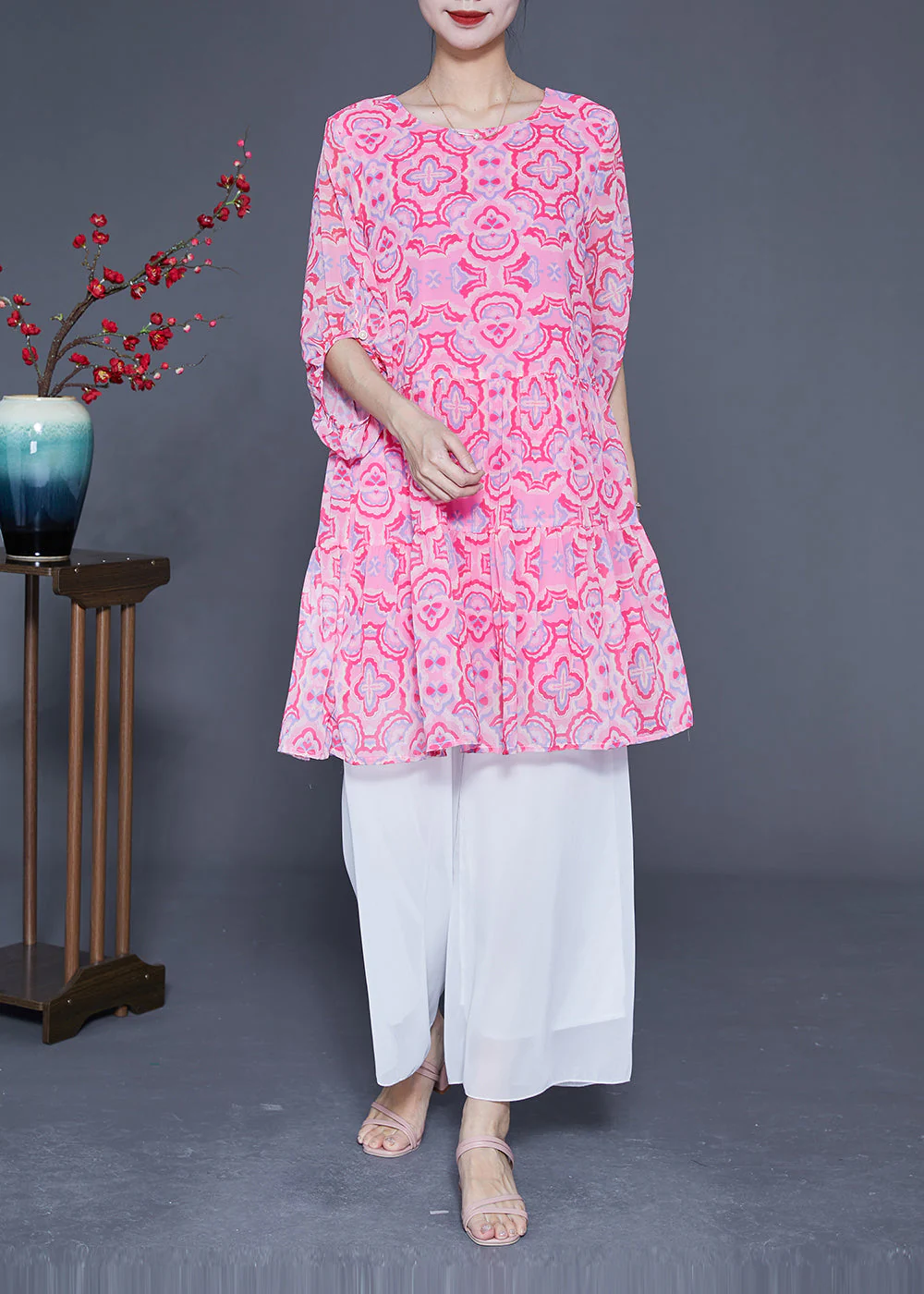 Bohemian Pink Print Patchwork Wrinkled Silk A Line Dress Lantern Sleeve - Image 3