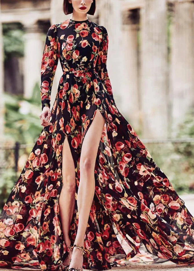 Bohemian Pink Print Side Open Exra Large Hem Maxi Dress Long Sleeve - Image 2