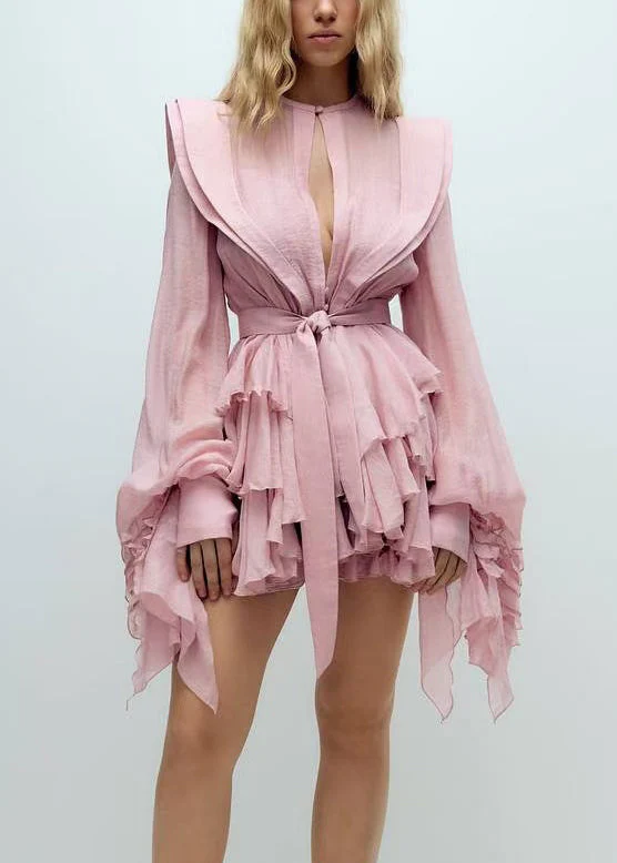Bohemian Pink Ruffled Cotton Mini Dress Lantern Sleeve - Image 2
