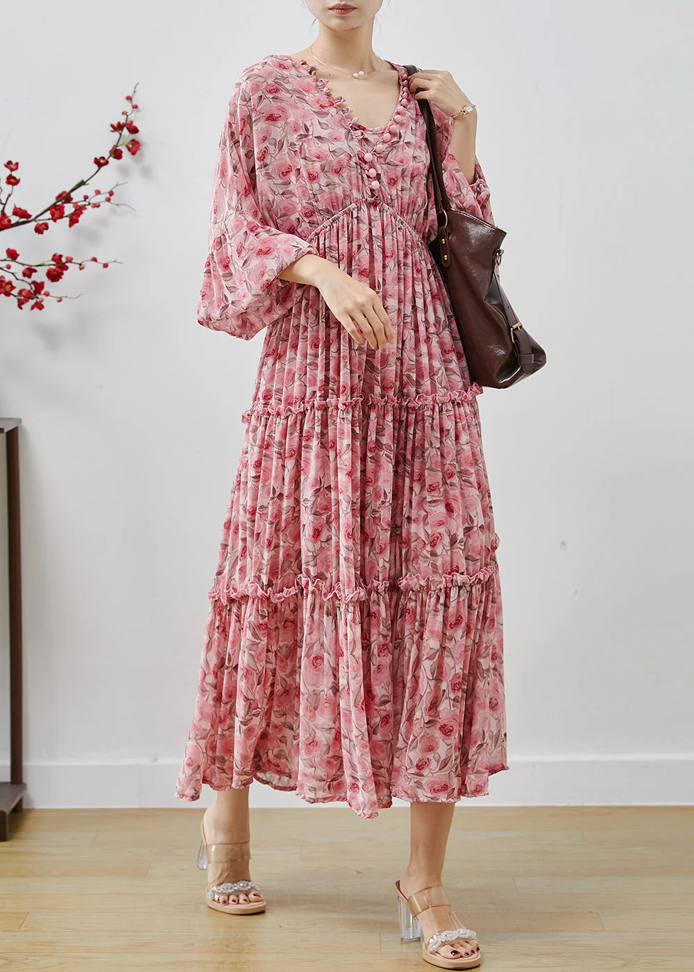 Bohemian Pink Ruffled Print Chiffon Maxi Dresses Lantern Sleeve - Image 2