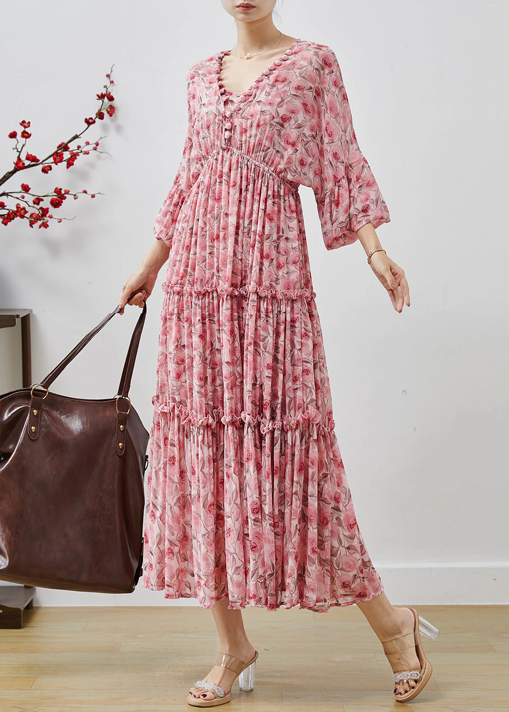 Bohemian Pink Ruffled Print Chiffon Maxi Dresses Lantern Sleeve - Image 3