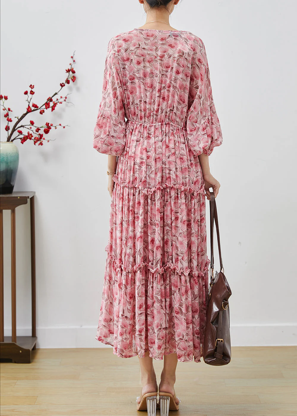 Bohemian Pink Ruffled Print Chiffon Maxi Dresses Lantern Sleeve - Image 4