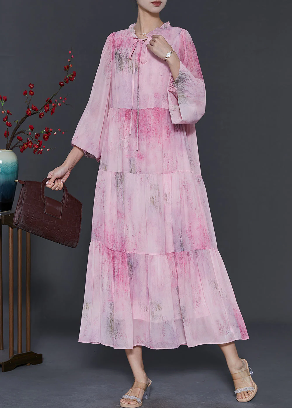 Bohemian Pink Ruffled Tie Dye Chiffon Maxi Dress Spring - Image 2