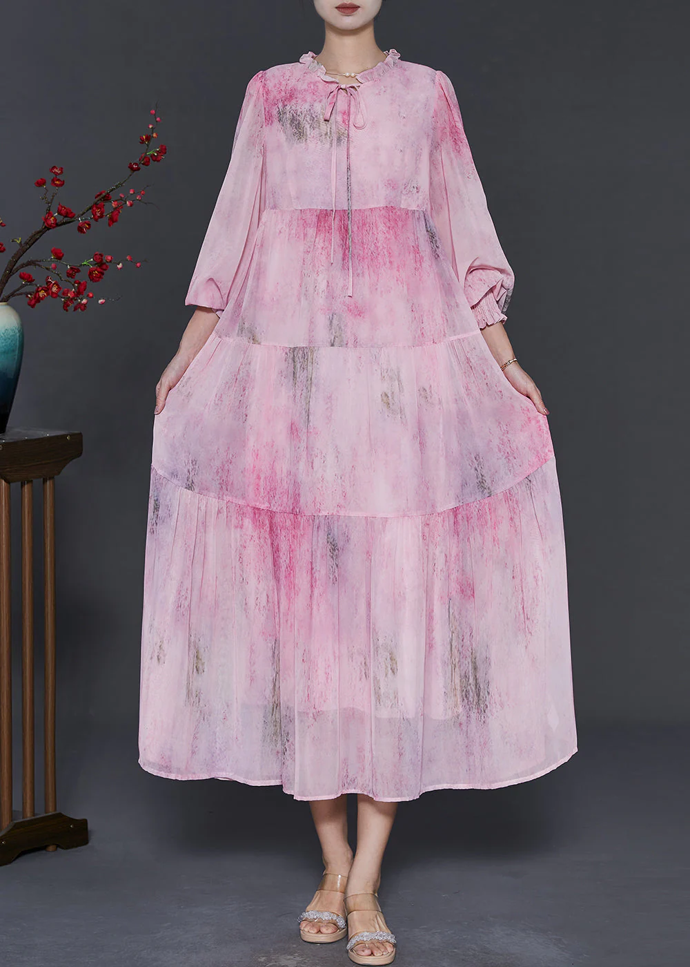 Bohemian Pink Ruffled Tie Dye Chiffon Maxi Dress Spring - Image 3