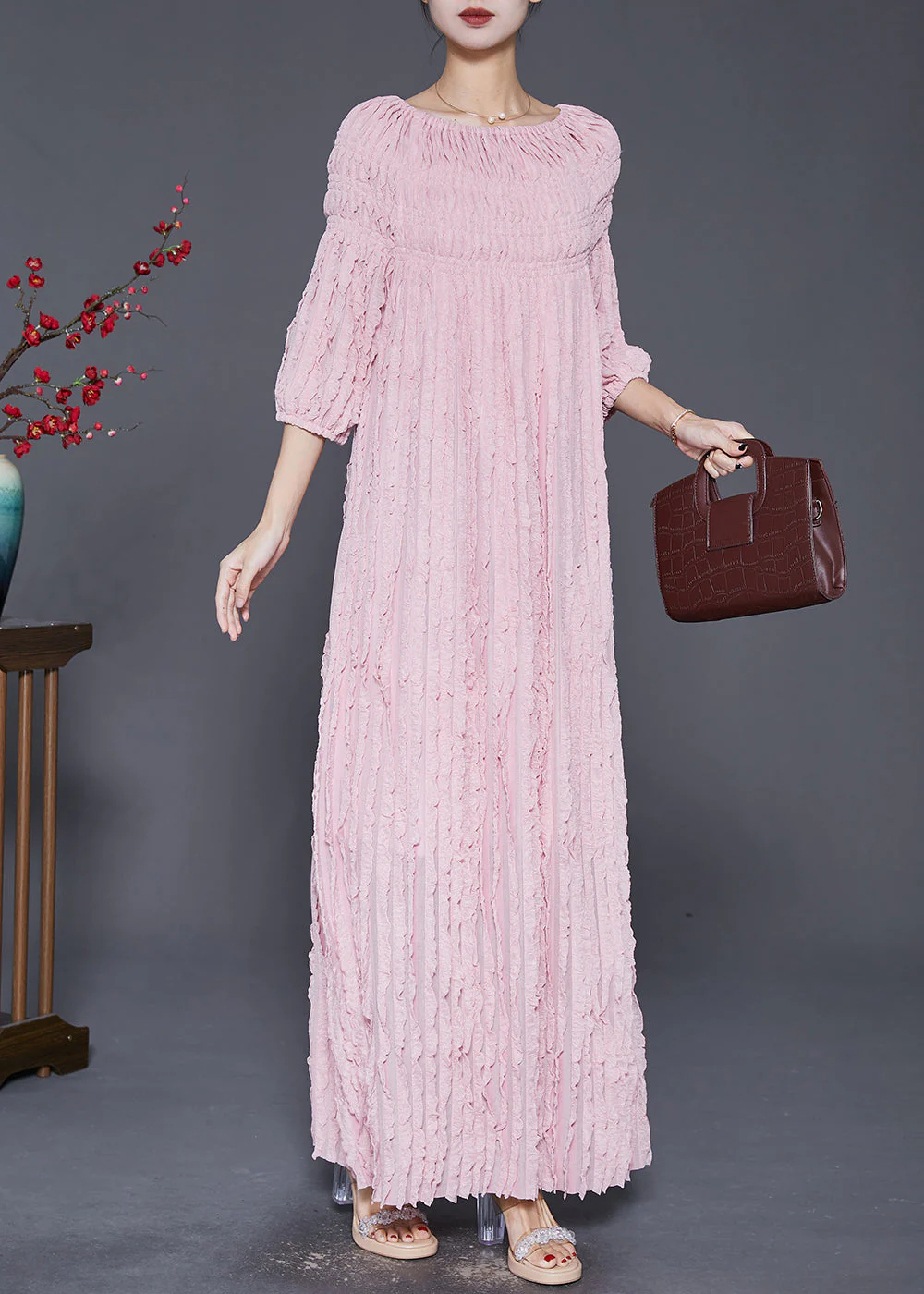 Bohemian Pink Slash Neck Wrinkled Robe Dresses Fall - Image 2