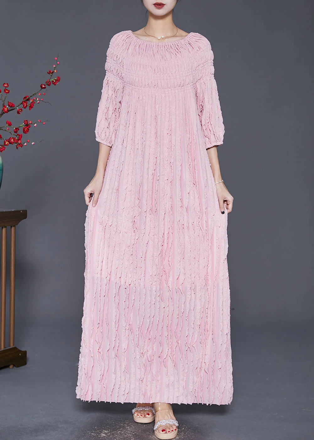 Bohemian Pink Slash Neck Wrinkled Robe Dresses Fall - Image 3