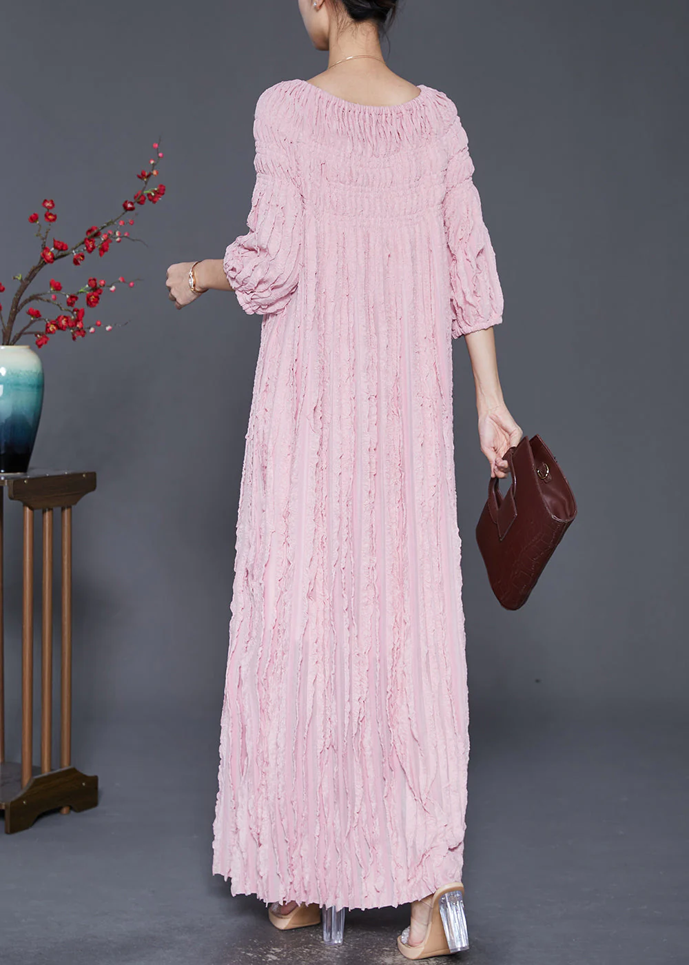 Bohemian Pink Slash Neck Wrinkled Robe Dresses Fall - Image 4