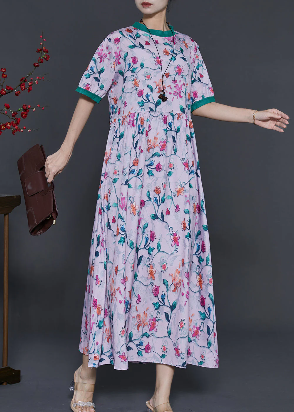 Bohemian Pink Stand Collar Print Silk Long Dress Summer - Image 3