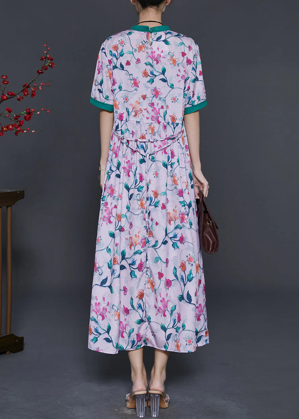Bohemian Pink Stand Collar Print Silk Long Dress Summer - Image 4