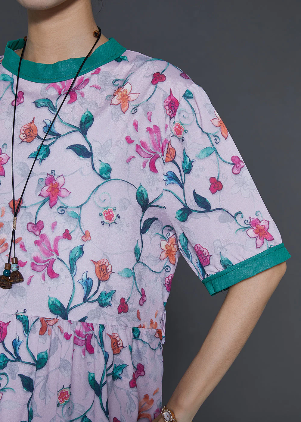 Bohemian Pink Stand Collar Print Silk Long Dress Summer - Image 5