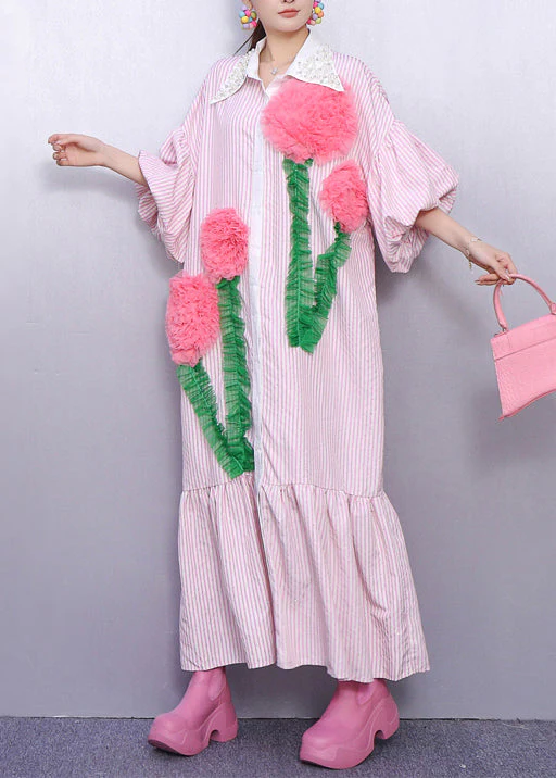 Bohemian Pink Striped Flower Decorated Cotton Dresses Puff Sleeve - Image 2