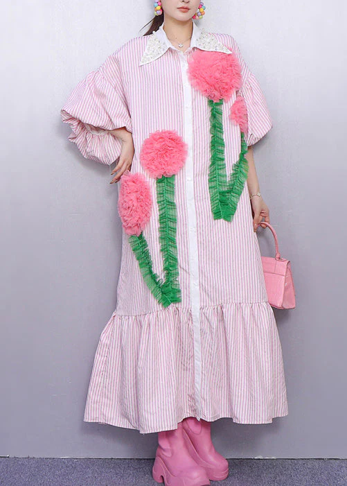 Bohemian Pink Striped Flower Decorated Cotton Dresses Puff Sleeve - Image 3