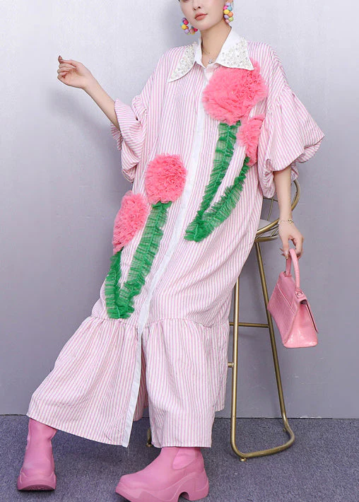 Bohemian Pink Striped Flower Decorated Cotton Dresses Puff Sleeve - Image 4