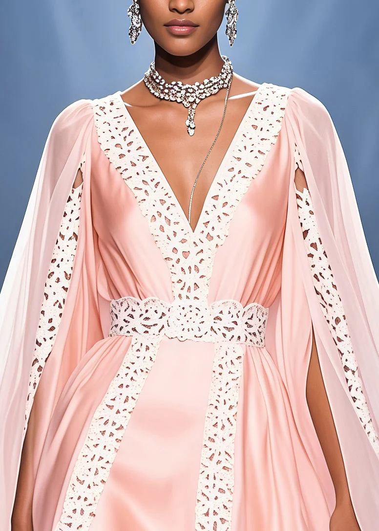 Bohemian Pink V Neck Lace Patchwork Cloak Silk Party Dress Summer - Image 2