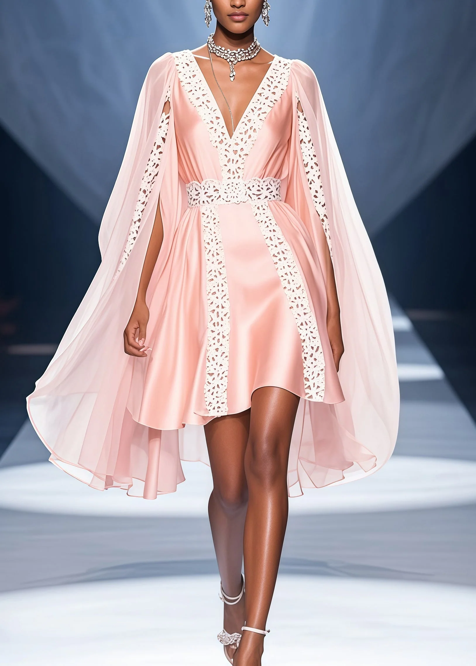 Bohemian Pink V Neck Lace Patchwork Cloak Silk Party Dress Summer - Image 3