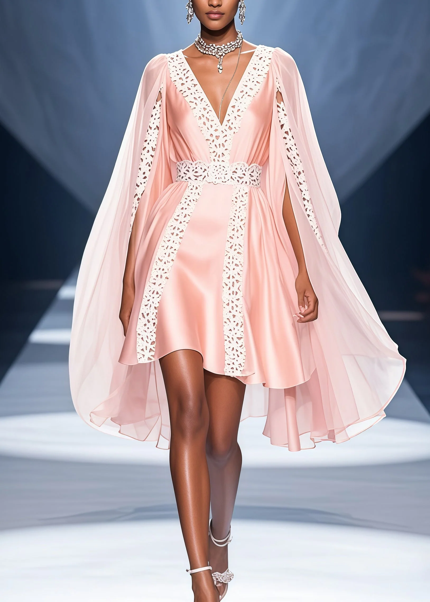 Bohemian Pink V Neck Lace Patchwork Cloak Silk Party Dress Summer - Image 5