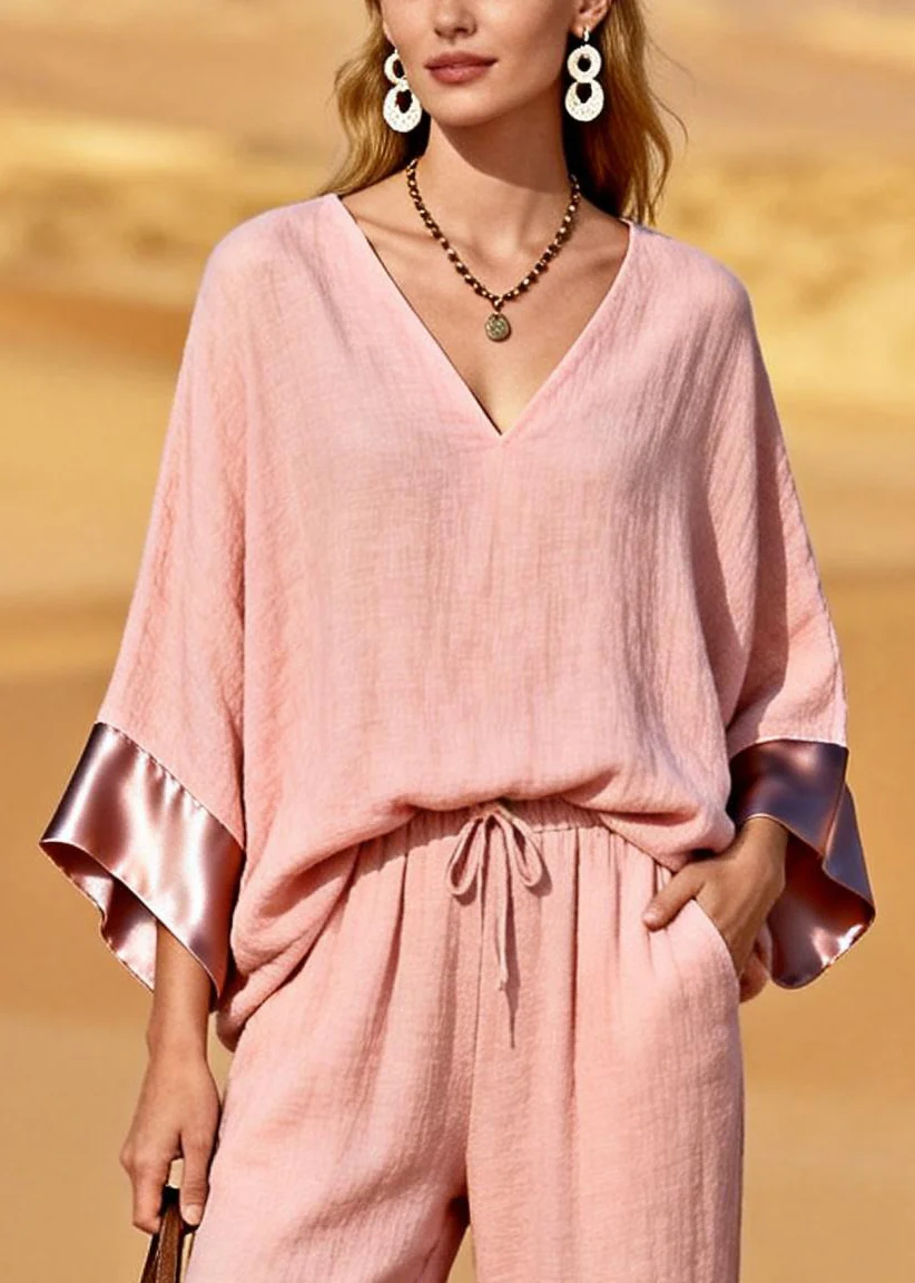 Bohemian Pink V Neck Patchwork Cotton Two Pieces Set Spring - Image 2