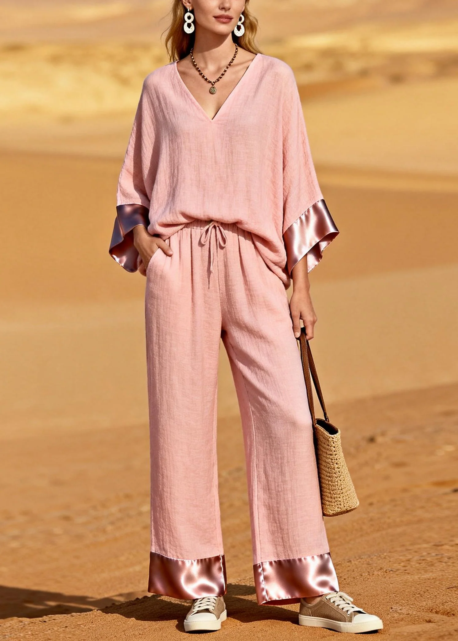 Bohemian Pink V Neck Patchwork Cotton Two Pieces Set Spring - Image 3
