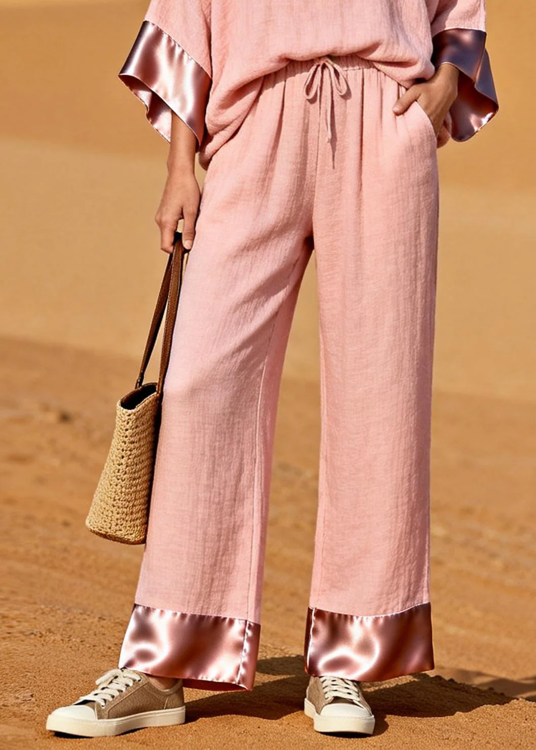 Bohemian Pink V Neck Patchwork Cotton Two Pieces Set Spring - Image 4