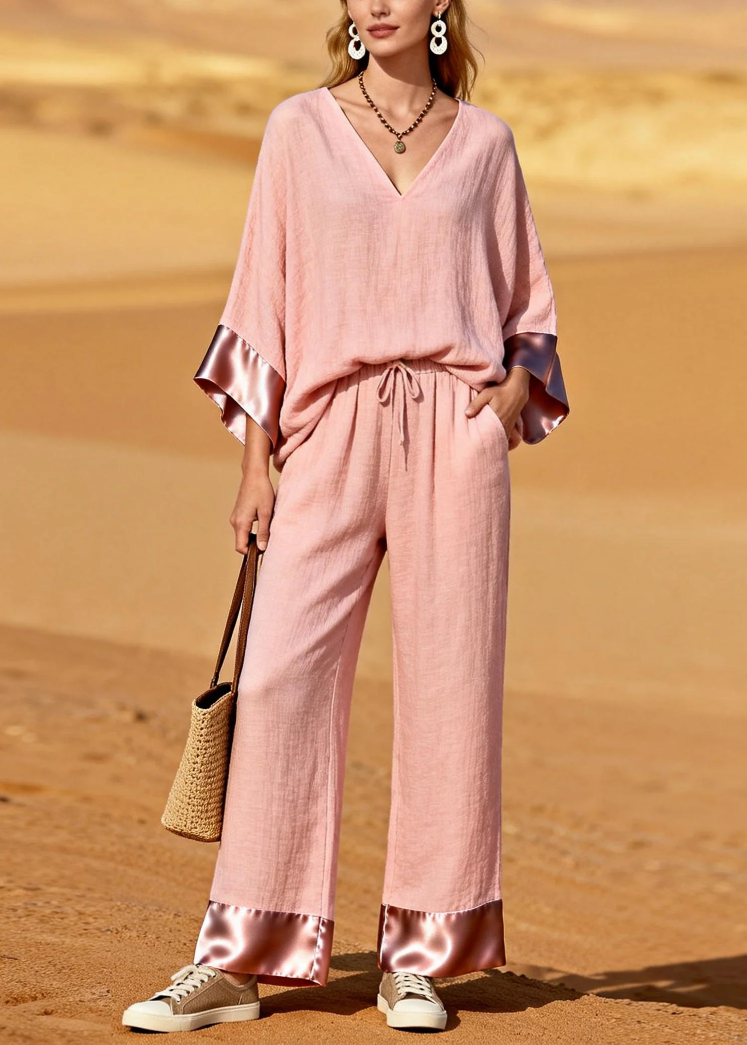 Bohemian Pink V Neck Patchwork Cotton Two Pieces Set Spring - Image 5