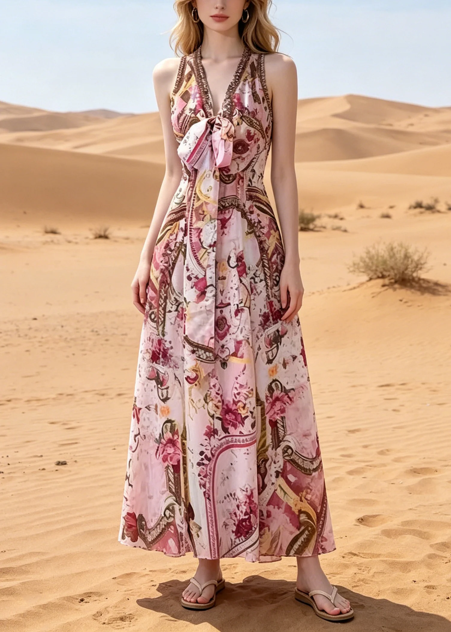 Bohemian Pink V Neck Print Chiffon Beach Dress Summer - Image 3