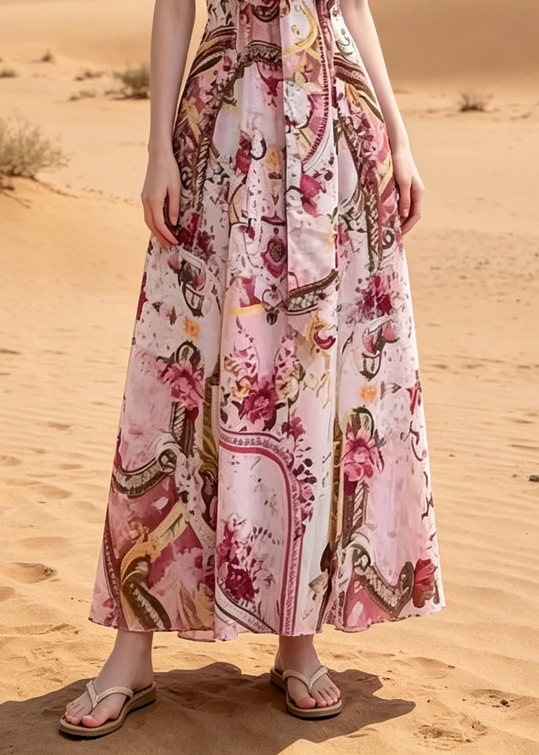 Bohemian Pink V Neck Print Chiffon Beach Dress Summer - Image 4