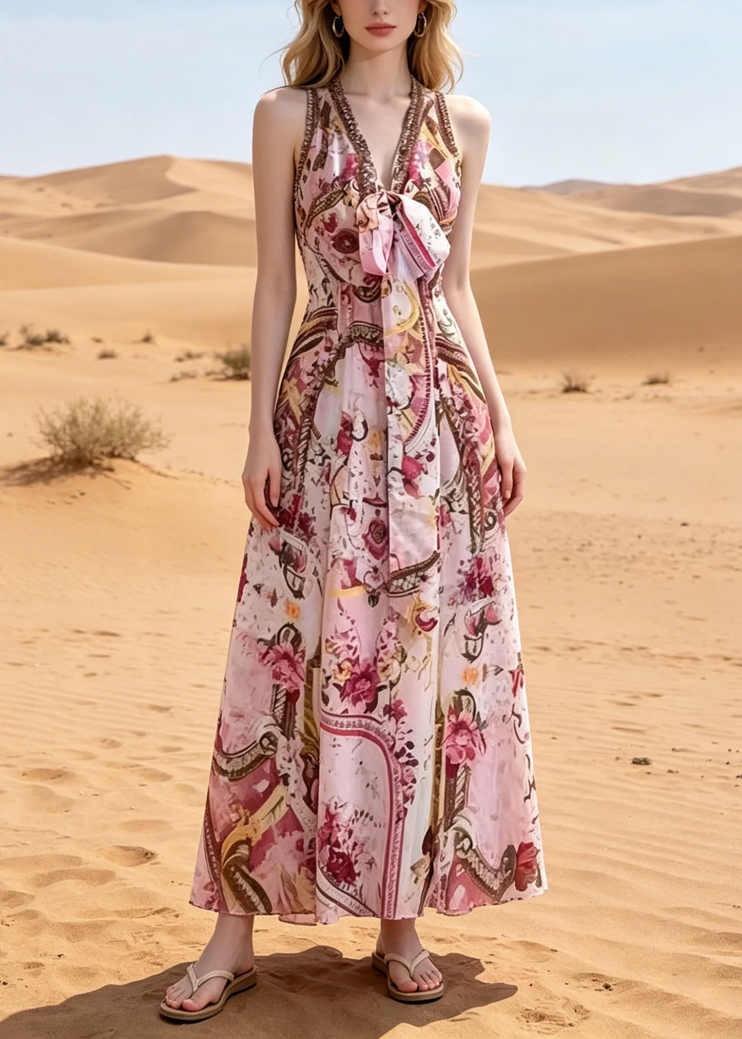 Bohemian Pink V Neck Print Chiffon Beach Dress Summer - Image 5