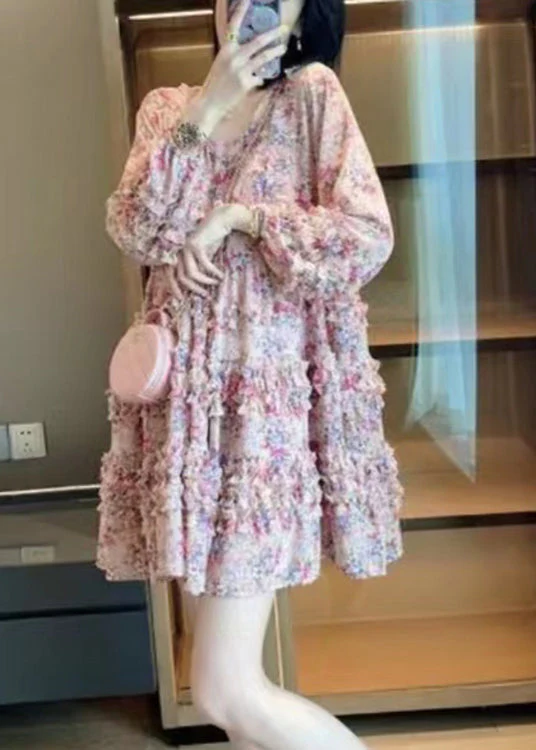 Bohemian Pink V Neck Print Patchwork Ruffled Mid Dress Long Sleeve - Image 3