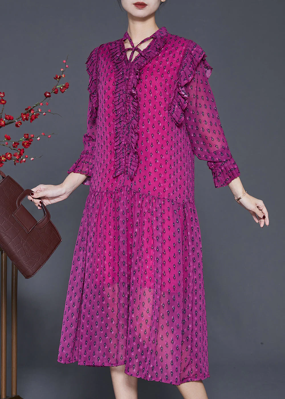 Bohemian Pitaya Print Ruffled Chiffon Dress Spring - Image 2