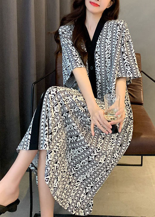 Bohemian Plaid V Neck Patchwork Cotton Pajamas Dress Summer - Image 2