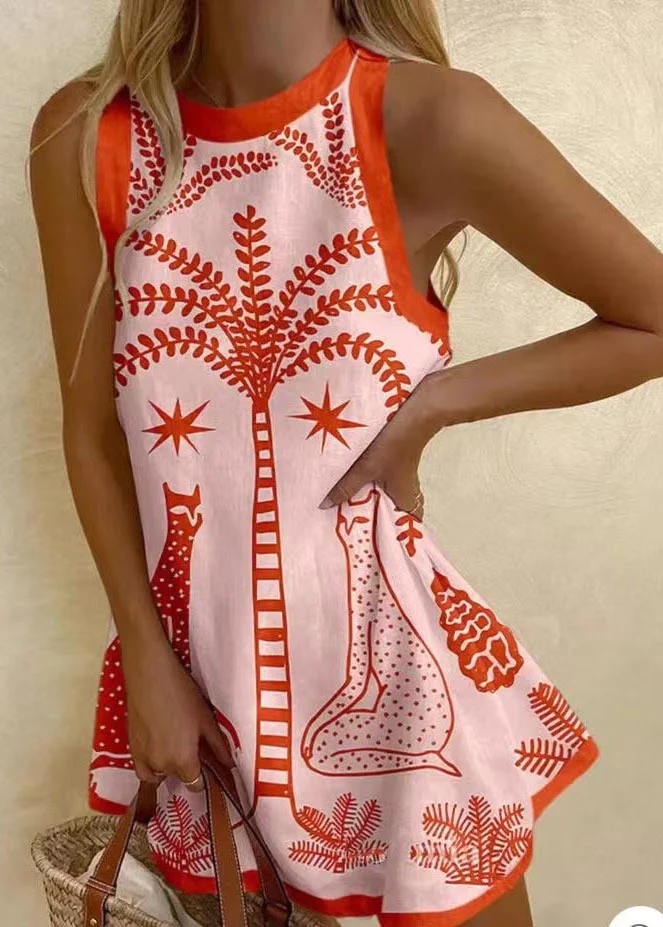 Bohemian Print Linen A Line Mini Dress Sleeveless - Image 2
