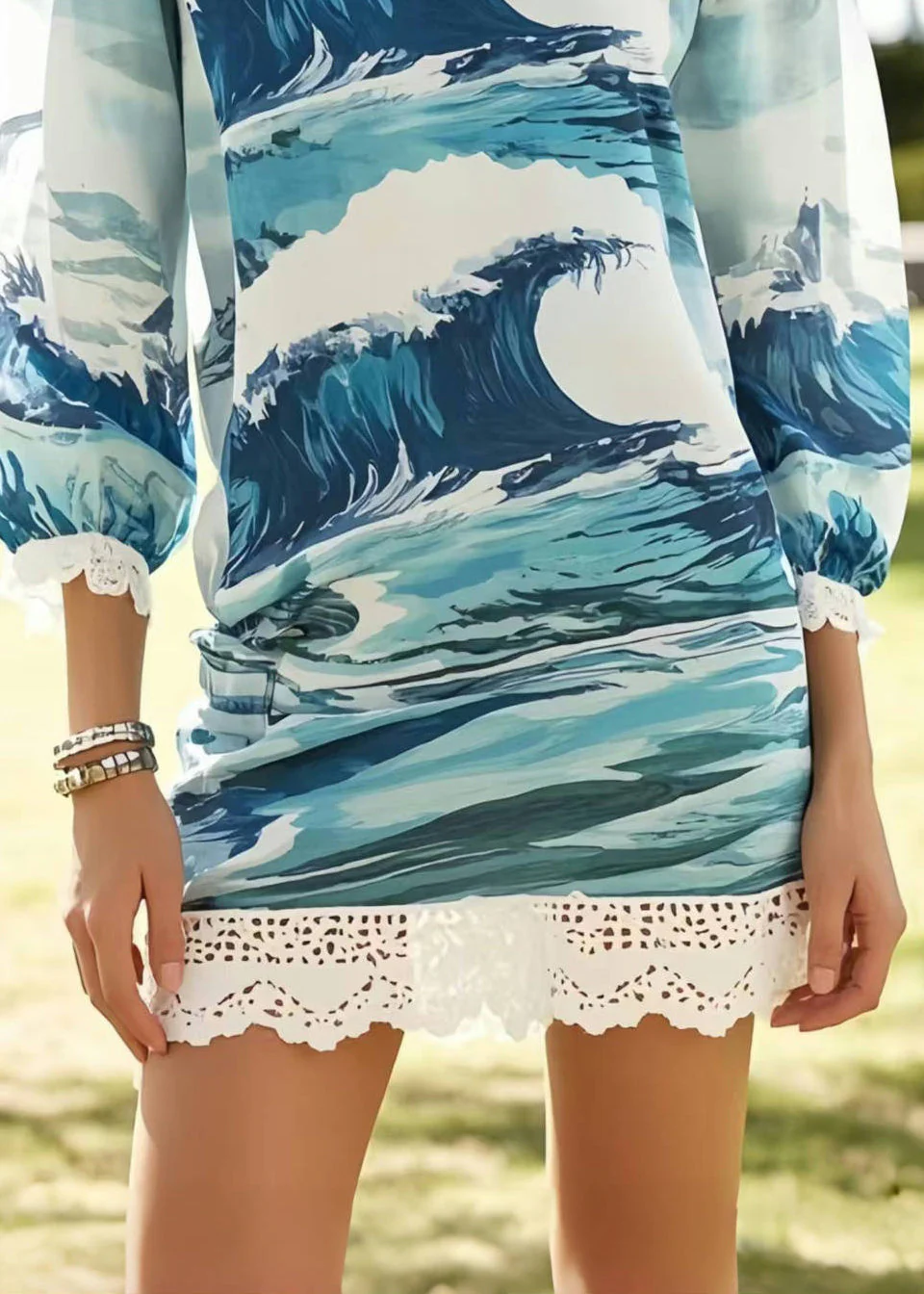 Bohemian Print Patchwork Lace Chiffon Vacation Dress Summer - Image 4
