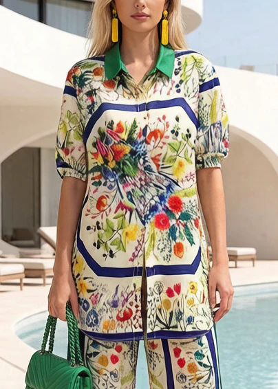 Bohemian Print Side Open Silk Shirt And Straight Pants Two Pieces Set Summer - Image 2
