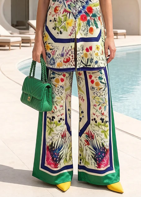 Bohemian Print Side Open Silk Shirt And Straight Pants Two Pieces Set Summer - Image 4