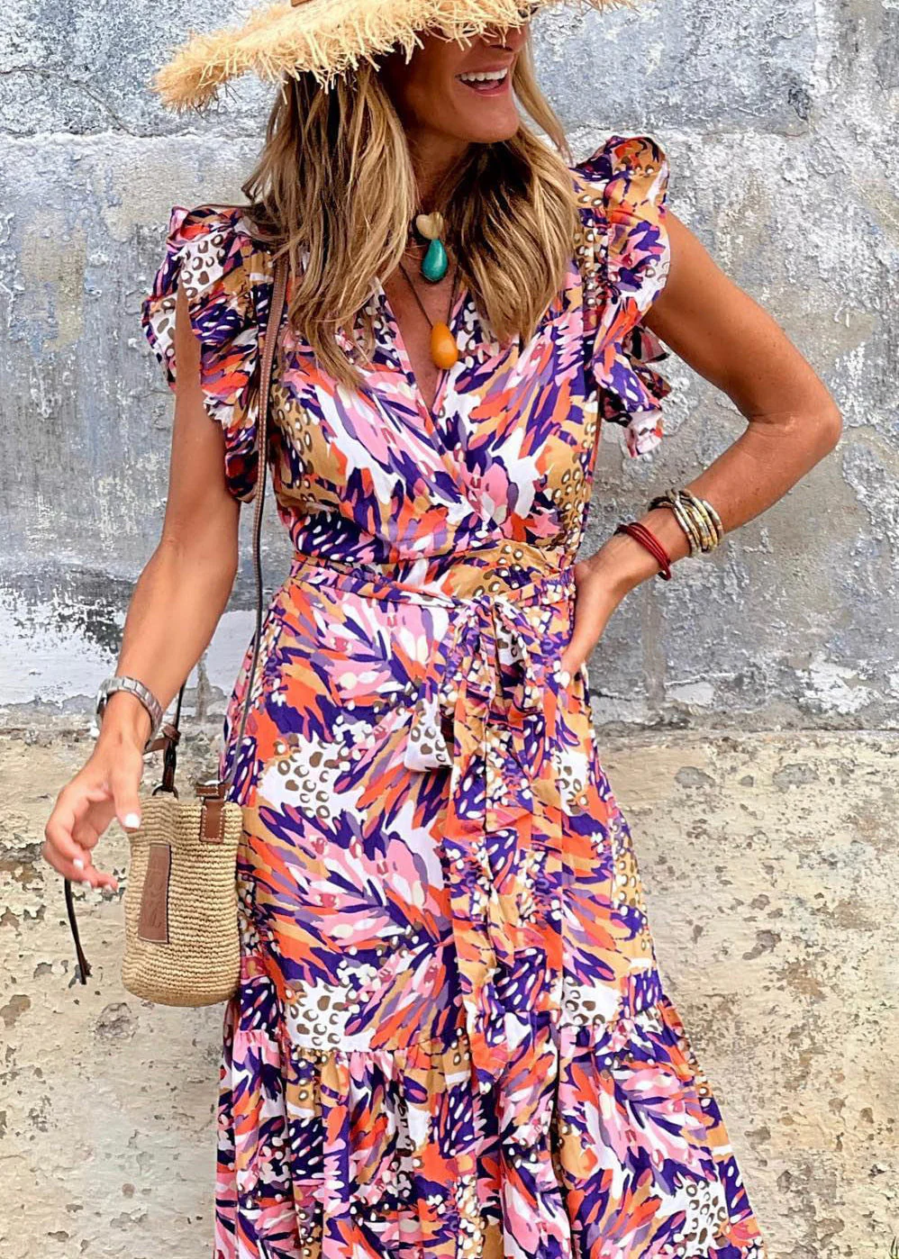 Bohemian Print Tie Waist Cotton Long Dress Sleeveless - Image 4