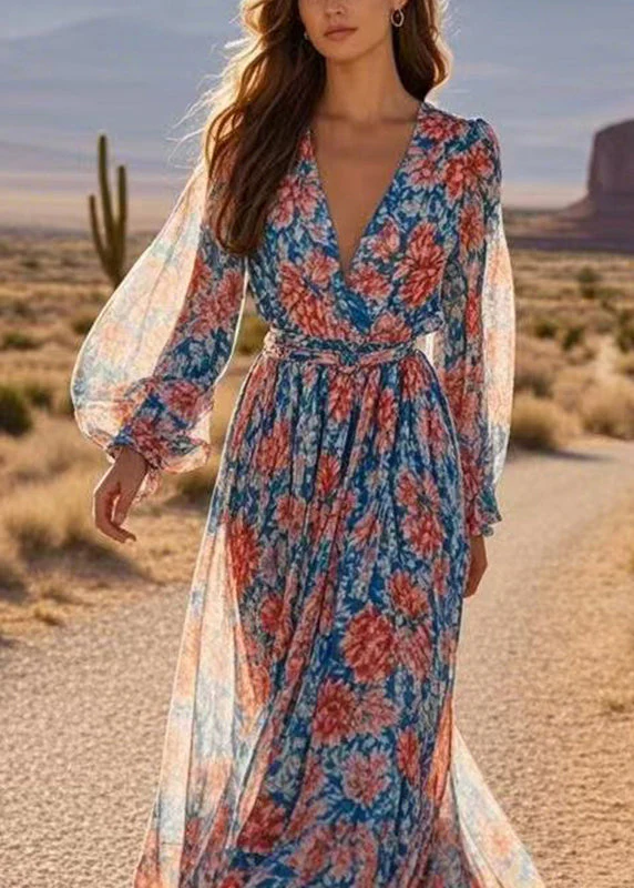 Bohemian Print Wrinkled Tunic Chiffon Maxi Dresses Spring - Image 2