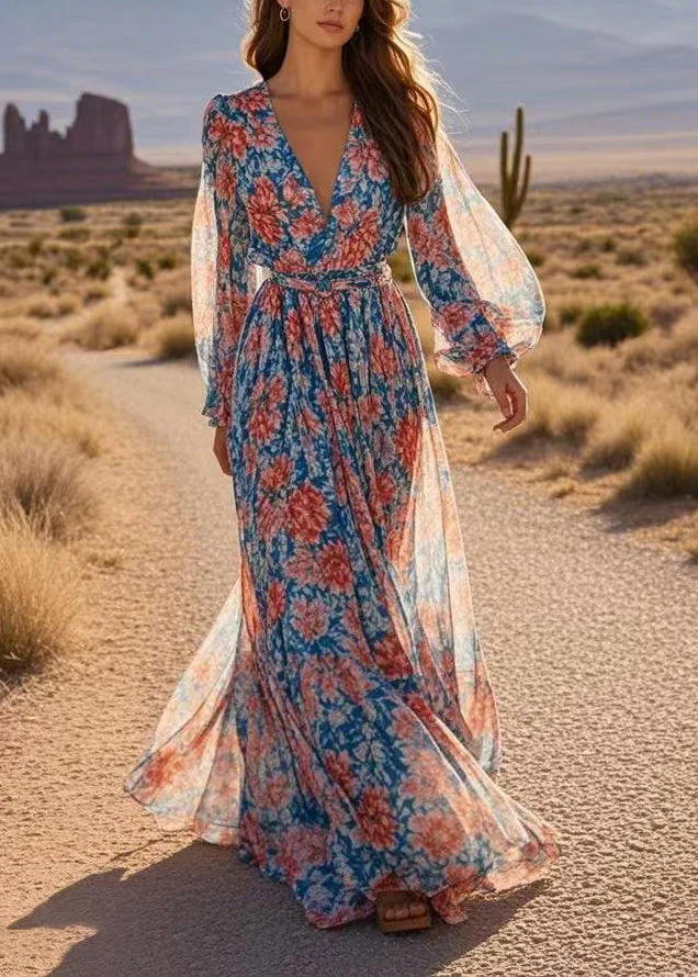 Bohemian Print Wrinkled Tunic Chiffon Maxi Dresses Spring - Image 3