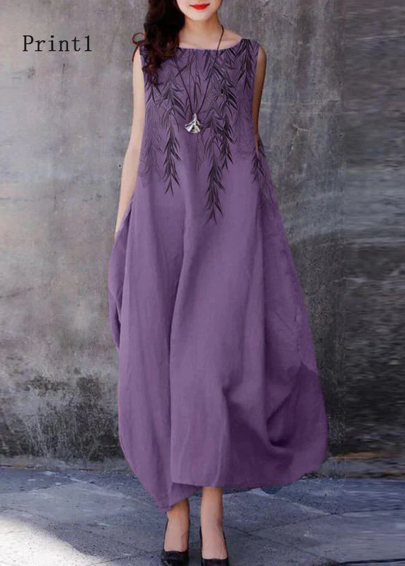 Bohemian Print2 O-Neck Exra Large Hem Cotton Dresses Sleeveless - Image 2