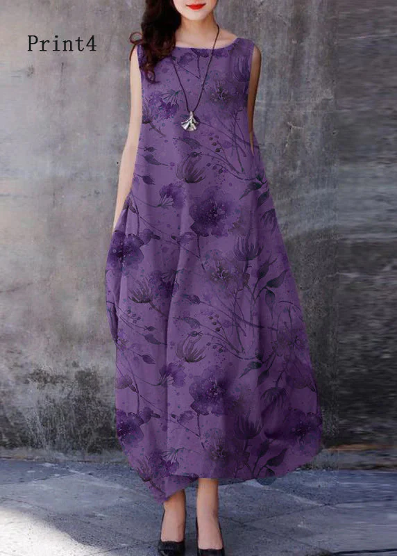 Bohemian Print2 O-Neck Exra Large Hem Cotton Dresses Sleeveless - Image 9